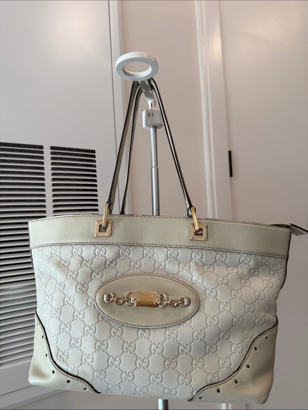 Gucci Punch Leather Guccissima Tote White Gold Chain Plaque with COA